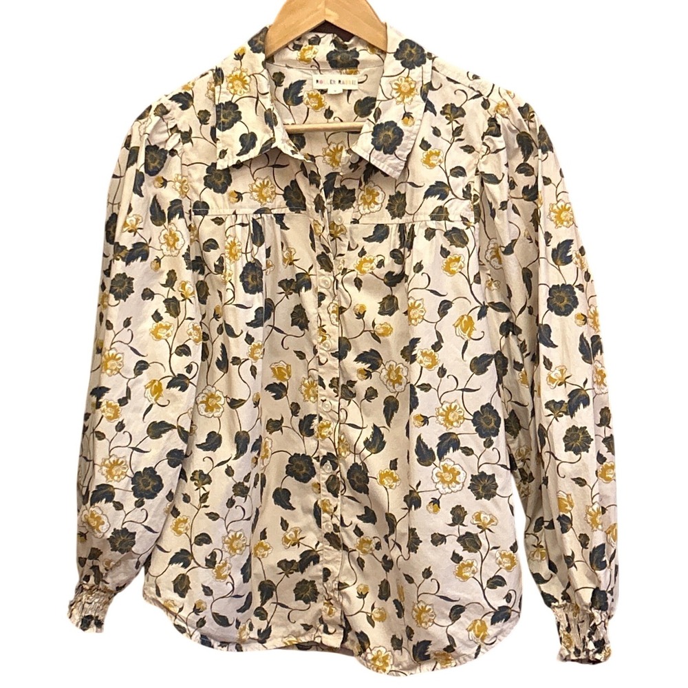 Modern Roller Rabbit Floral Blouse Cottagecore Boho Smocked Cuff Cotton Top